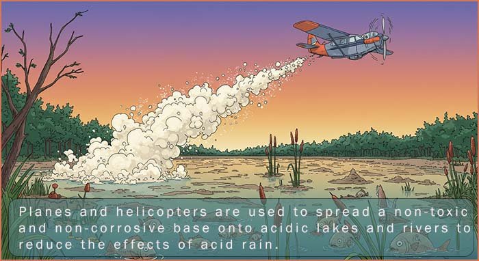 Plane spraying powdered limestone onto a lake affected by acid rain.